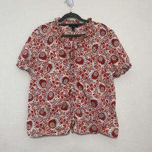 Lauren Ralph Lauren Cotton Floral Ruffle Neck Button Front Peasant Top Size XL